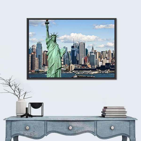 NY City With Liberty Statue Canvas Wall Art-1 Piece-Floating Frame-24" x 16"-Tiaracle