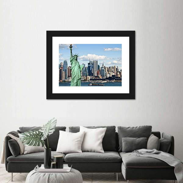 NY City With Liberty Statue Canvas Wall Art-1 Piece-Framed Print-20" x 16"-Tiaracle