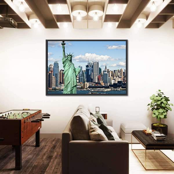 NY City With Liberty Statue Canvas Wall Art-5 Horizontal-Gallery Wrap-22" x 12"-Tiaracle