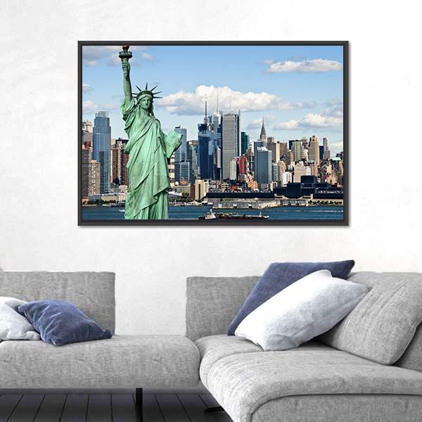 NY City With Liberty Statue Canvas Wall Art-5 Horizontal-Gallery Wrap-22" x 12"-Tiaracle