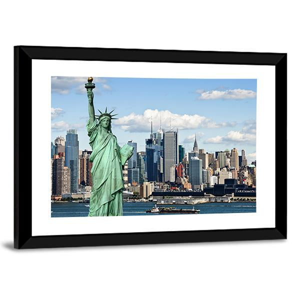 NY City With Liberty Statue Canvas Wall Art-5 Horizontal-Gallery Wrap-22" x 12"-Tiaracle