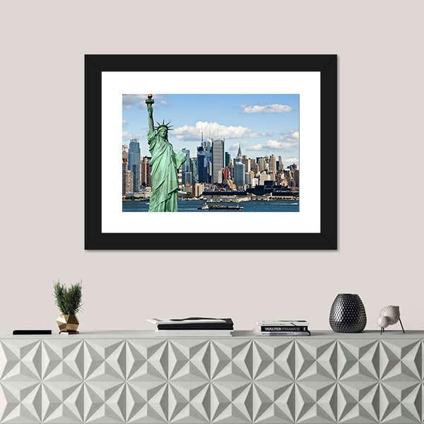 NY City With Liberty Statue Canvas Wall Art-5 Horizontal-Gallery Wrap-22" x 12"-Tiaracle