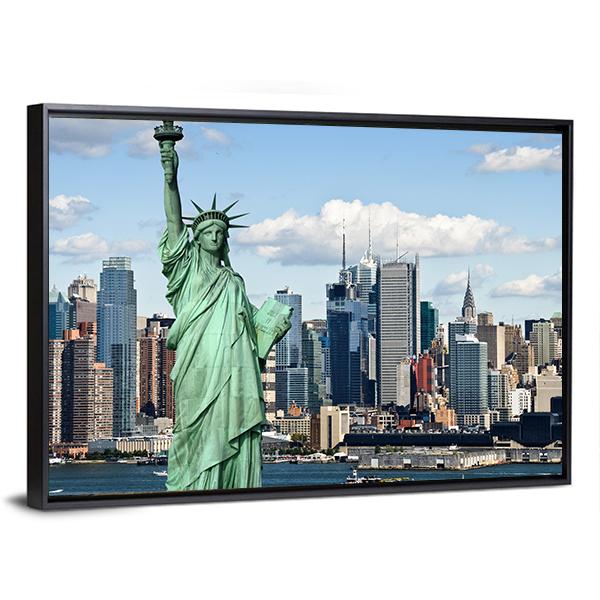 NY City With Liberty Statue Canvas Wall Art-5 Horizontal-Gallery Wrap-22" x 12"-Tiaracle