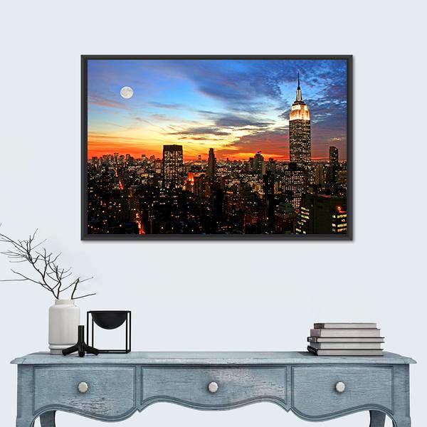 NY Midtown Skyline At Dark Canvas Wall Art-1 Piece-Floating Frame-24" x 16"-Tiaracle