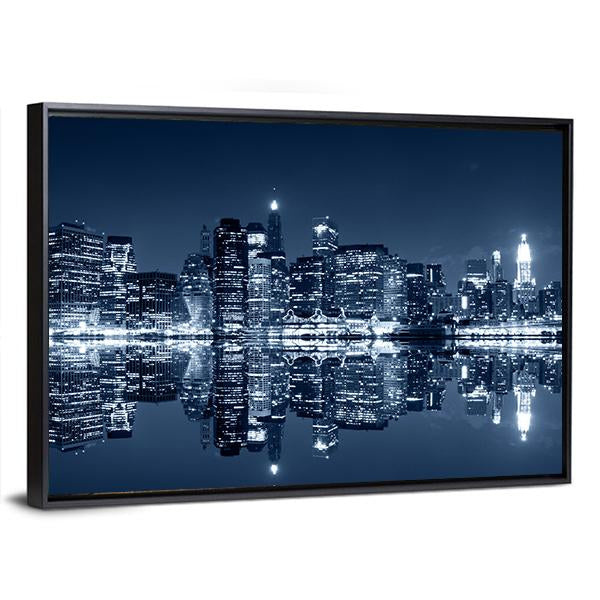 NY Skyline At Night Canvas Wall Art-1 Piece-Floating Frame-24" x 16"-Tiaracle