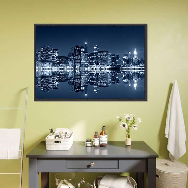 NY Skyline At Night Canvas Wall Art-3 Horizontal-Gallery Wrap-25" x 16"-Tiaracle