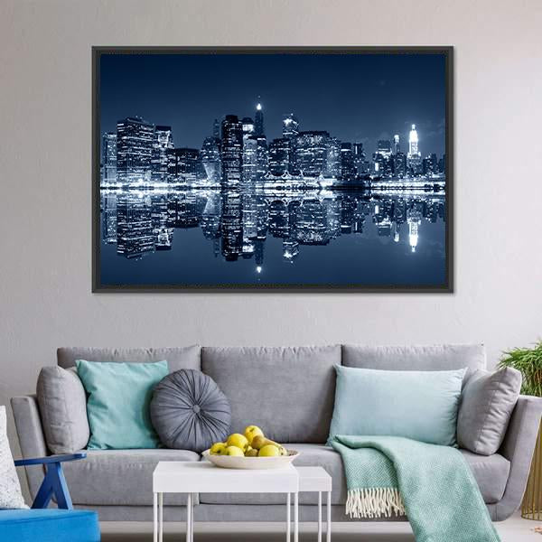 NY Skyline At Night Canvas Wall Art-3 Horizontal-Gallery Wrap-25" x 16"-Tiaracle