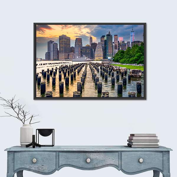 NY Skyline On East River Canvas Wall Art-1 Piece-Floating Frame-24" x 16"-Tiaracle