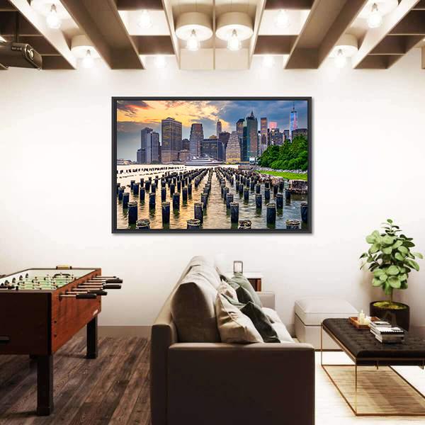 NY Skyline On East River Canvas Wall Art-3 Horizontal-Gallery Wrap-25" x 16"-Tiaracle