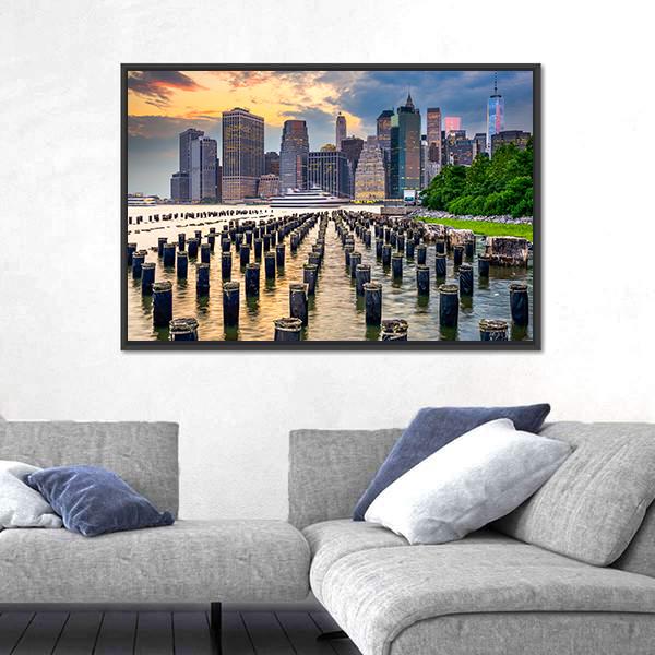 NY Skyline On East River Canvas Wall Art-3 Horizontal-Gallery Wrap-25" x 16"-Tiaracle