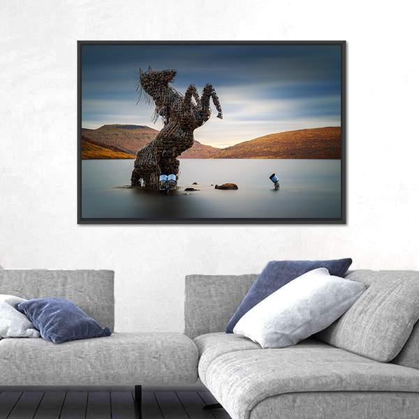 Nykur Horse Sculpture On Sorvagsvatn Lake Canvas Wall Art-1 Piece-Floating Frame-24" x 16"-Tiaracle