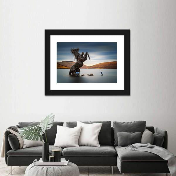 Nykur Horse Sculpture On Sorvagsvatn Lake Canvas Wall Art-1 Piece-Framed Print-20" x 16"-Tiaracle