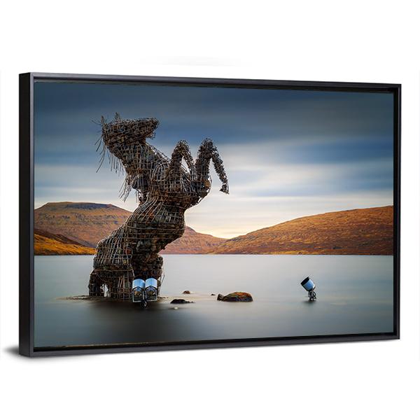 Nykur Horse Sculpture On Sorvagsvatn Lake Canvas Wall Art-3 Horizontal-Gallery Wrap-25" x 16"-Tiaracle