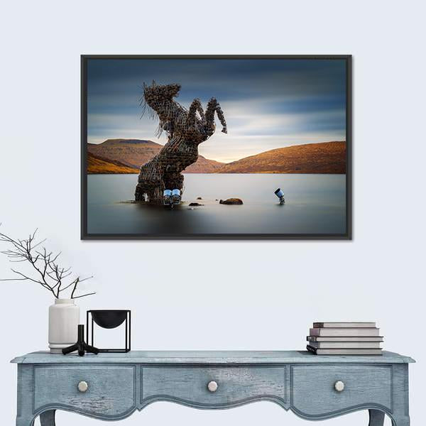 Nykur Horse Sculpture On Sorvagsvatn Lake Canvas Wall Art-3 Horizontal-Gallery Wrap-25" x 16"-Tiaracle