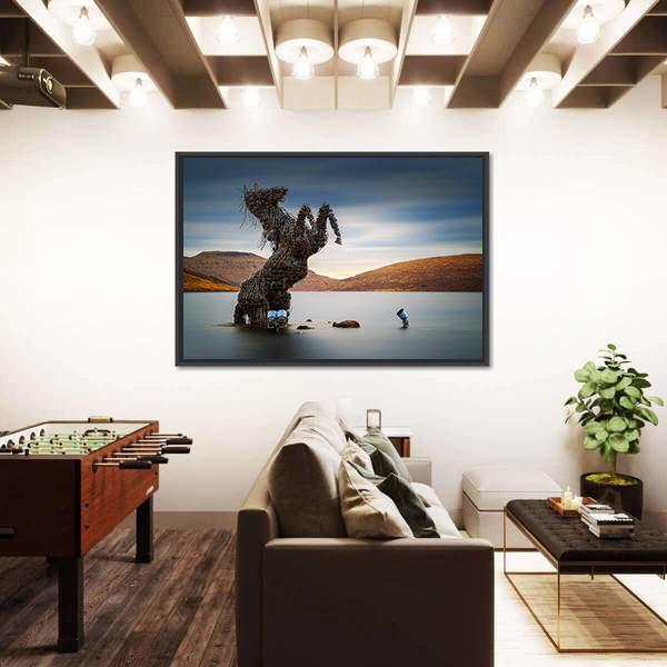 Nykur Horse Sculpture On Sorvagsvatn Lake Canvas Wall Art-3 Horizontal-Gallery Wrap-25" x 16"-Tiaracle
