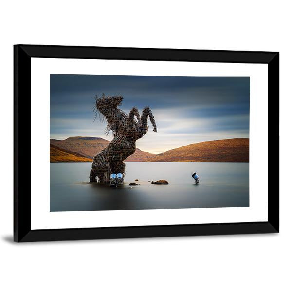 Nykur Horse Sculpture On Sorvagsvatn Lake Canvas Wall Art-3 Horizontal-Gallery Wrap-25" x 16"-Tiaracle