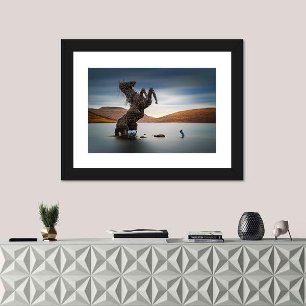 Nykur Horse Sculpture On Sorvagsvatn Lake Canvas Wall Art-3 Horizontal-Gallery Wrap-25" x 16"-Tiaracle