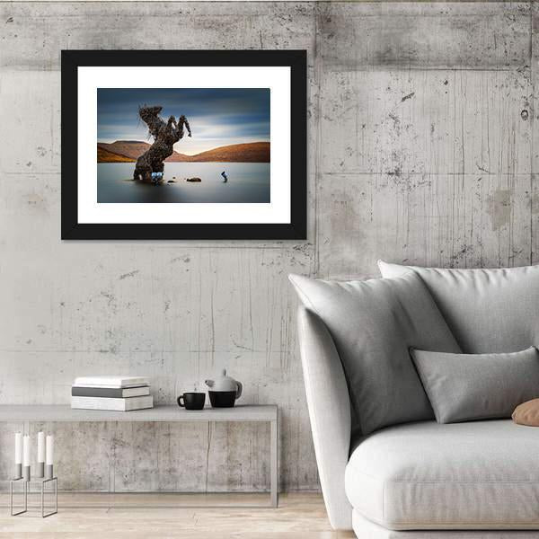 Nykur Horse Sculpture On Sorvagsvatn Lake Canvas Wall Art-3 Horizontal-Gallery Wrap-25" x 16"-Tiaracle