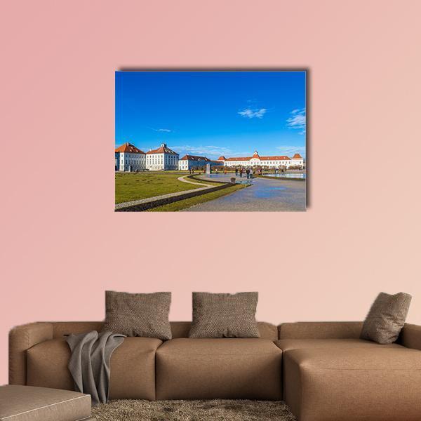 Nymphenburg Palace Gardens and Fountain Canvas Wall Art in white, green and blue, single panel hung on a wall
