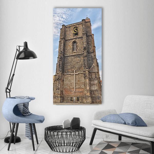 Nysa Monument Church Tower Vertical Canvas Wall Art in gray, brown and blue, single vertical panel hung on a wall