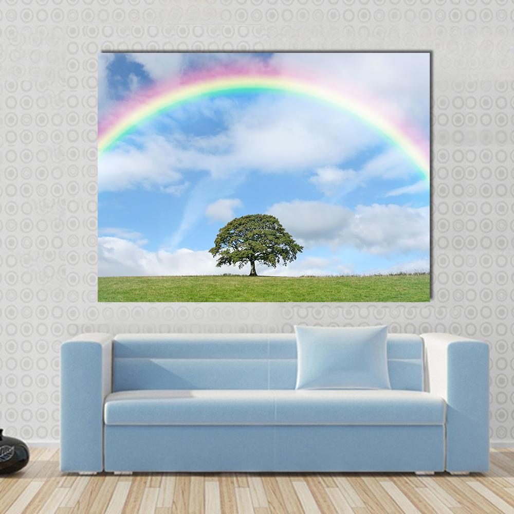 Oak Tree Under Rainbow Canvas Wall Art-1 Piece-Gallery Wrap-48" x 32"-Tiaracle