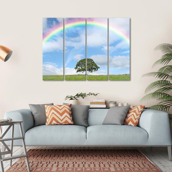 Oak Tree Under Rainbow Canvas Wall Art-4 Horizontal-Gallery Wrap-34" x 24"-Tiaracle