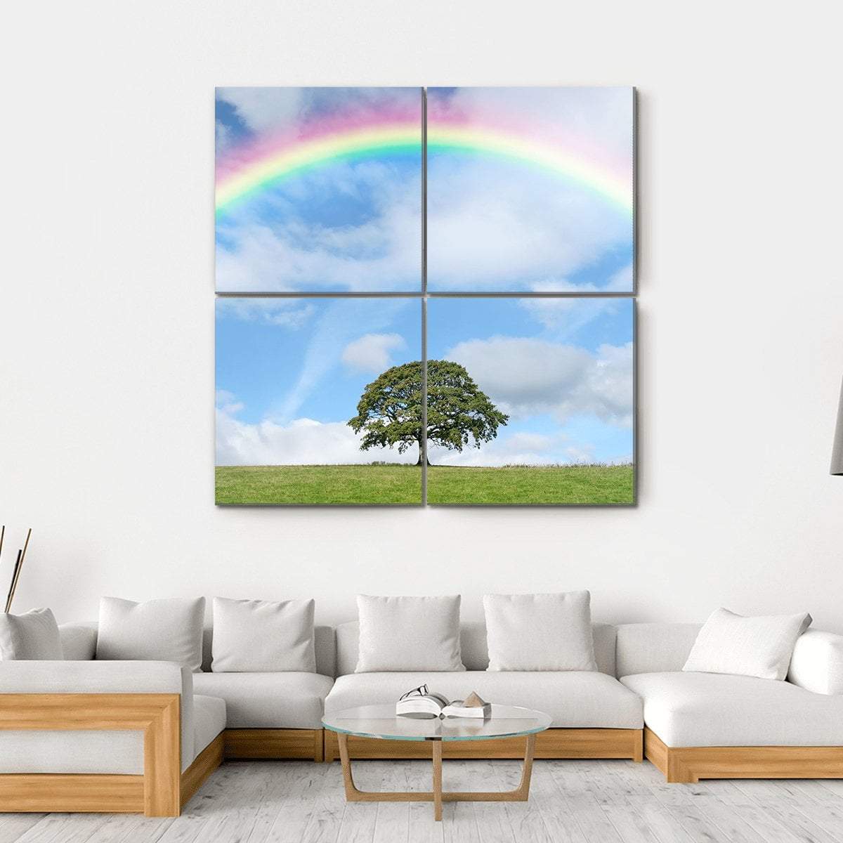 Oak Tree Under Rainbow Canvas Wall Art-4 Square-Gallery Wrap-17" x 17"-Tiaracle
