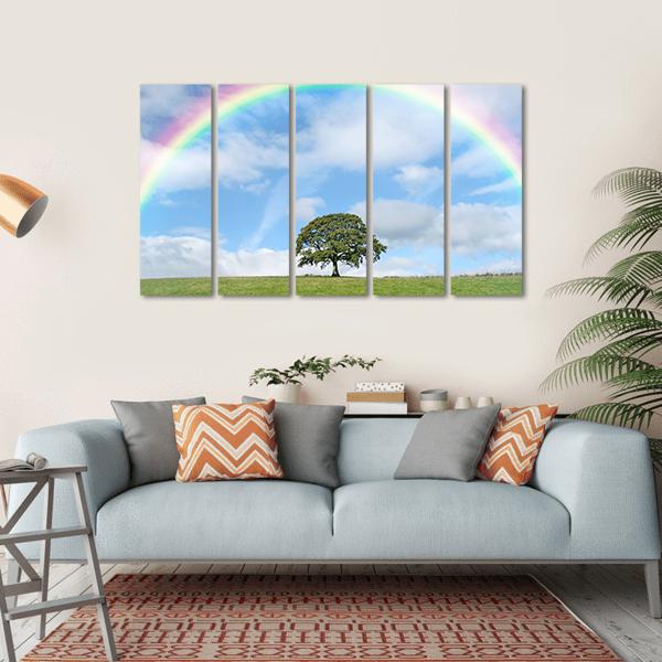 Oak Tree Under Rainbow Canvas Wall Art-5 Horizontal-Gallery Wrap-22" x 12"-Tiaracle