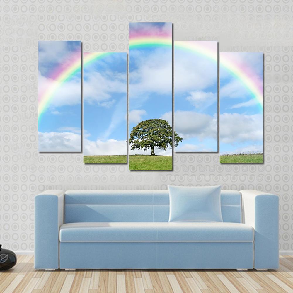Oak Tree Under Rainbow Canvas Wall Art-1 Piece-Gallery Wrap-48" x 32"-Tiaracle