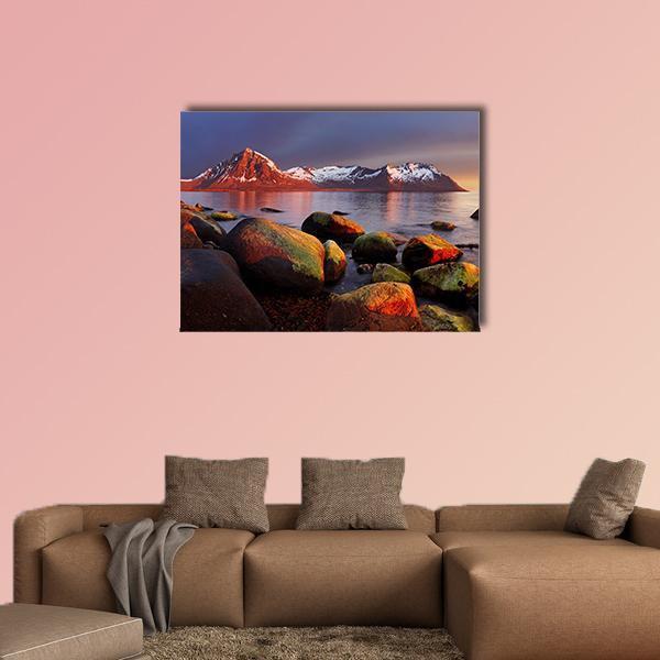 Norway Coast at Sunset Canvas Wall Art in brown, orange and blue, single panel hung on a wall