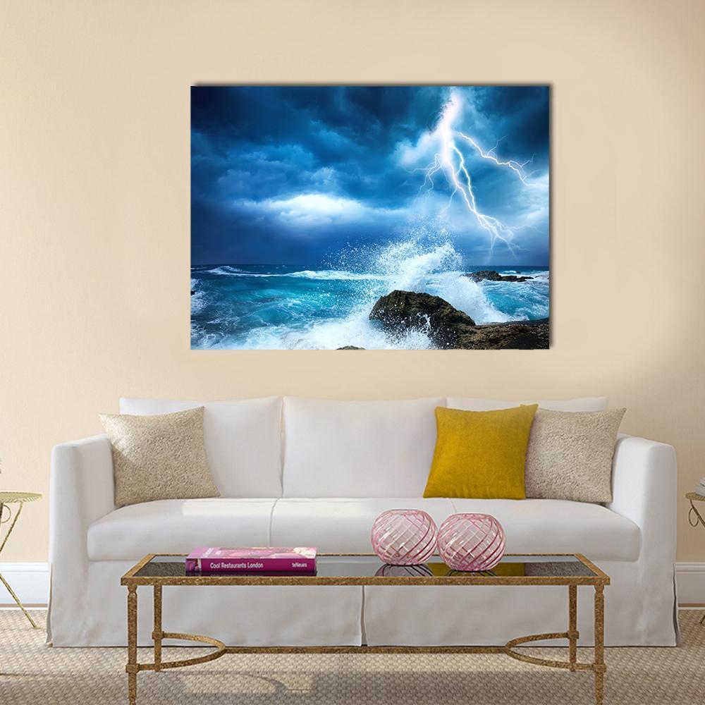 Stormy Ocean with Lightning Canvas Wall Art in white, blue and navy, single panel hung on a wall
