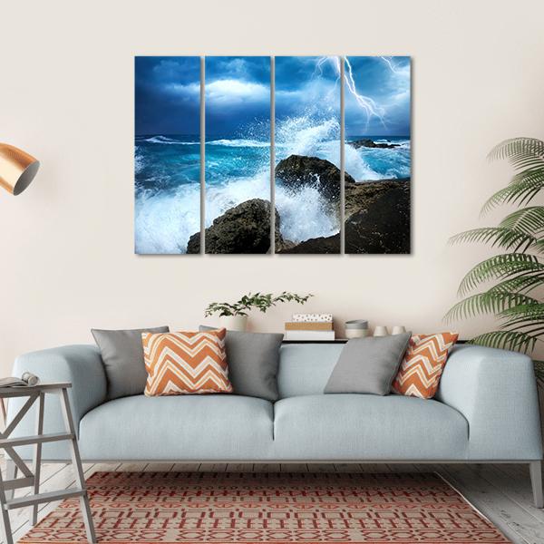 Stormy Ocean with Lightning Canvas Wall Art in white, blue and navy, hung on a wall