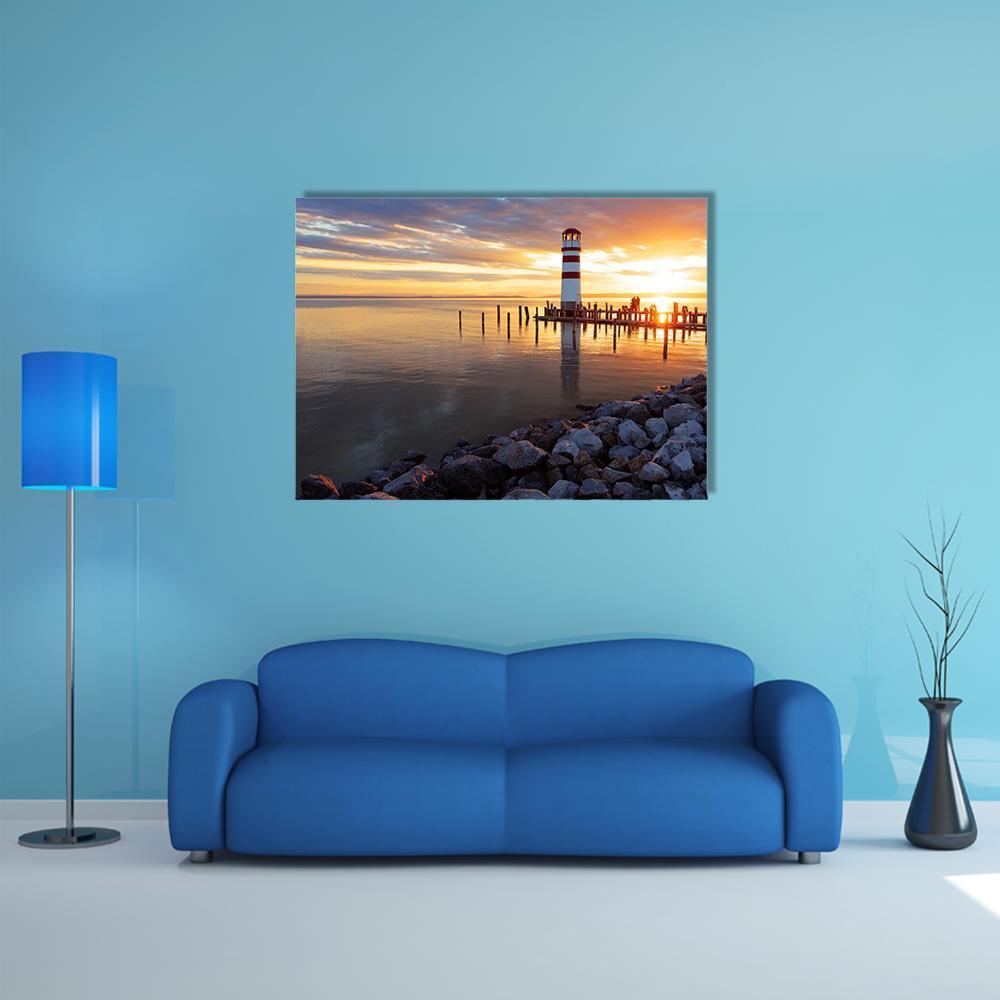 Ocean Sunset With Lighthouse Canvas Wall Art-1 Piece-Gallery Wrap-48" x 32"-Tiaracle