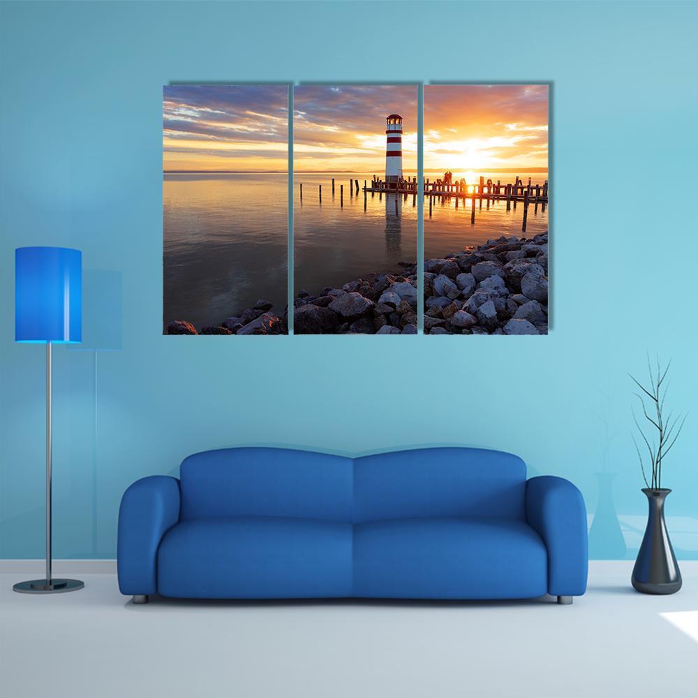 Ocean Sunset With Lighthouse Canvas Wall Art-3 Horizontal-Gallery Wrap-37" x 24"-Tiaracle