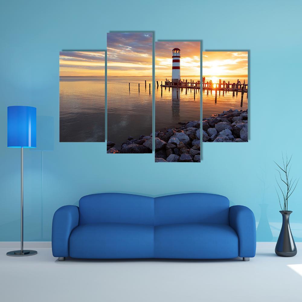 Ocean Sunset With Lighthouse Canvas Wall Art-4 Pop-Gallery Wrap-50" x 32"-Tiaracle