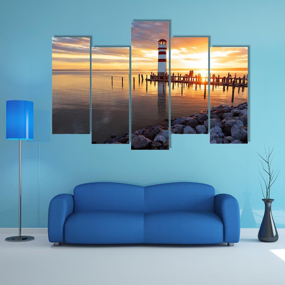 Ocean Sunset With Lighthouse Canvas Wall Art-5 Pop-Gallery Wrap-47" x 32"-Tiaracle