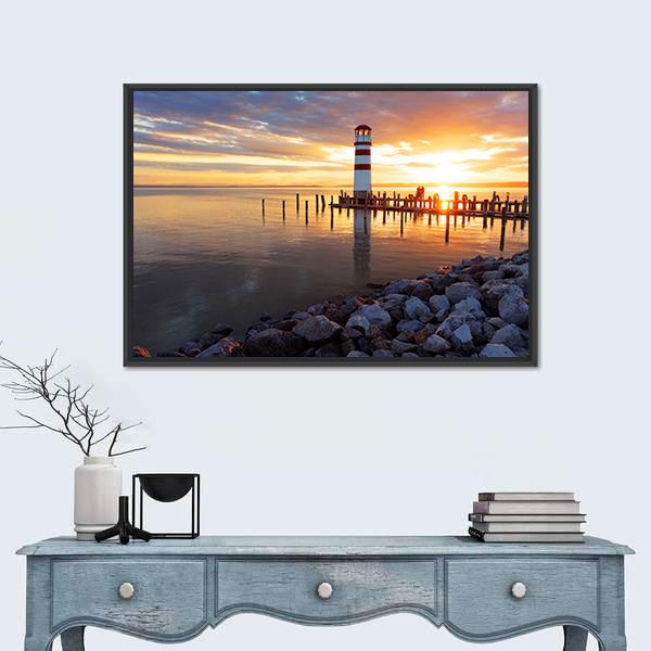 Ocean Sunset With Lighthouse Canvas Wall Art-1 Piece-Floating Frame-24" x 16"-Tiaracle