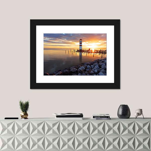 Ocean Sunset With Lighthouse Canvas Wall Art-1 Piece-Framed Print-20" x 16"-Tiaracle