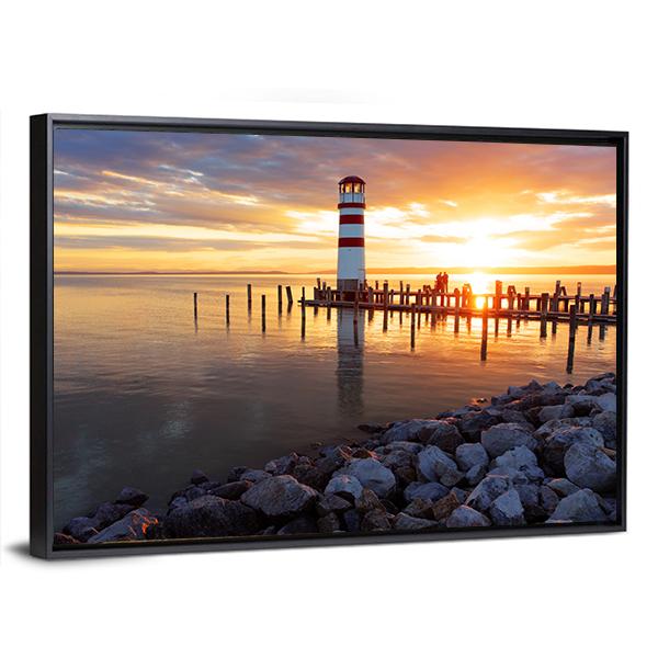 Ocean Sunset With Lighthouse Canvas Wall Art-3 Horizontal-Gallery Wrap-25" x 16"-Tiaracle