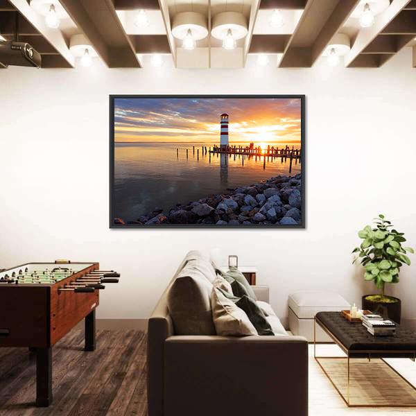 Ocean Sunset With Lighthouse Canvas Wall Art-3 Horizontal-Gallery Wrap-25" x 16"-Tiaracle