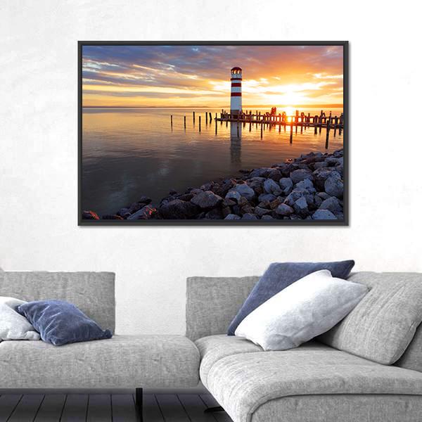 Ocean Sunset With Lighthouse Canvas Wall Art-3 Horizontal-Gallery Wrap-25" x 16"-Tiaracle