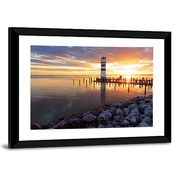 Ocean Sunset With Lighthouse Canvas Wall Art-3 Horizontal-Gallery Wrap-25" x 16"-Tiaracle