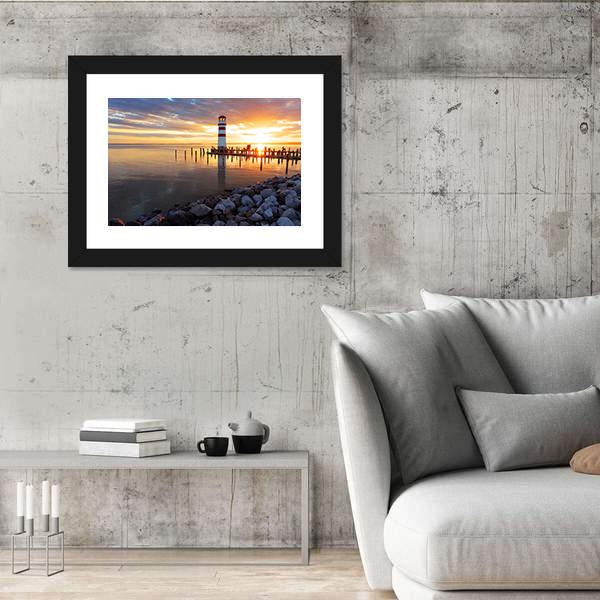 Ocean Sunset With Lighthouse Canvas Wall Art-3 Horizontal-Gallery Wrap-25" x 16"-Tiaracle