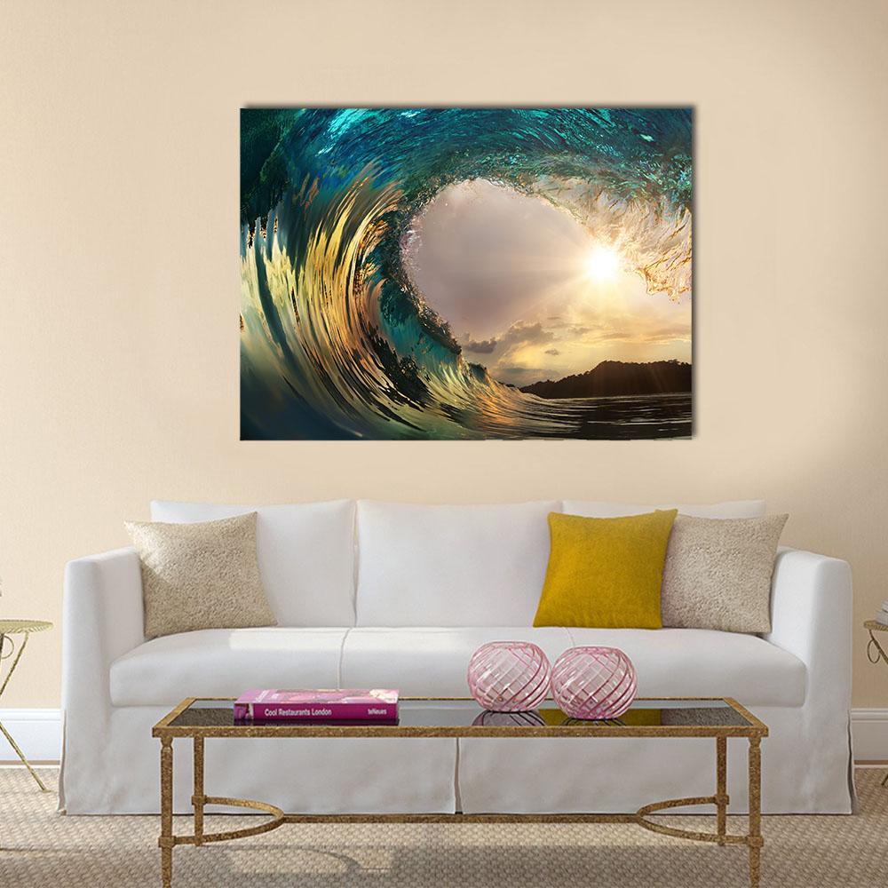 Ocean Wave Breaking At Sunset Canvas Wall Art-1 Piece-Gallery Wrap-24" x 16"-Tiaracle
