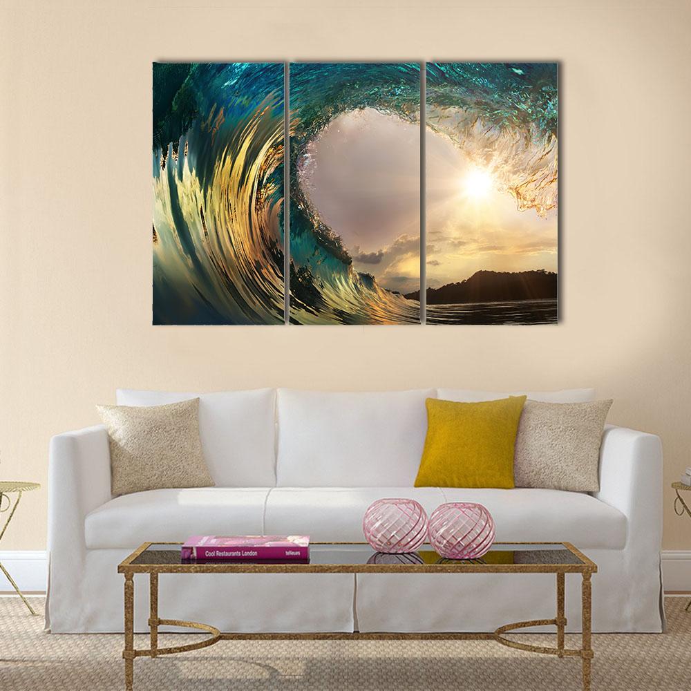 Ocean Wave Breaking At Sunset Canvas Wall Art-3 Horizontal-Gallery Wrap-25" x 16"-Tiaracle