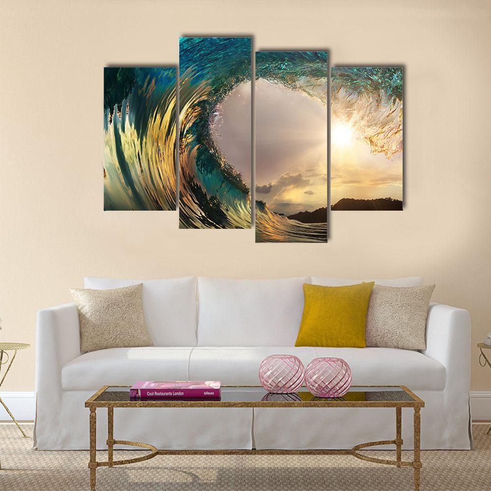 Ocean Wave Breaking At Sunset Canvas Wall Art-4 Pop-Gallery Wrap-34" x 20"-Tiaracle
