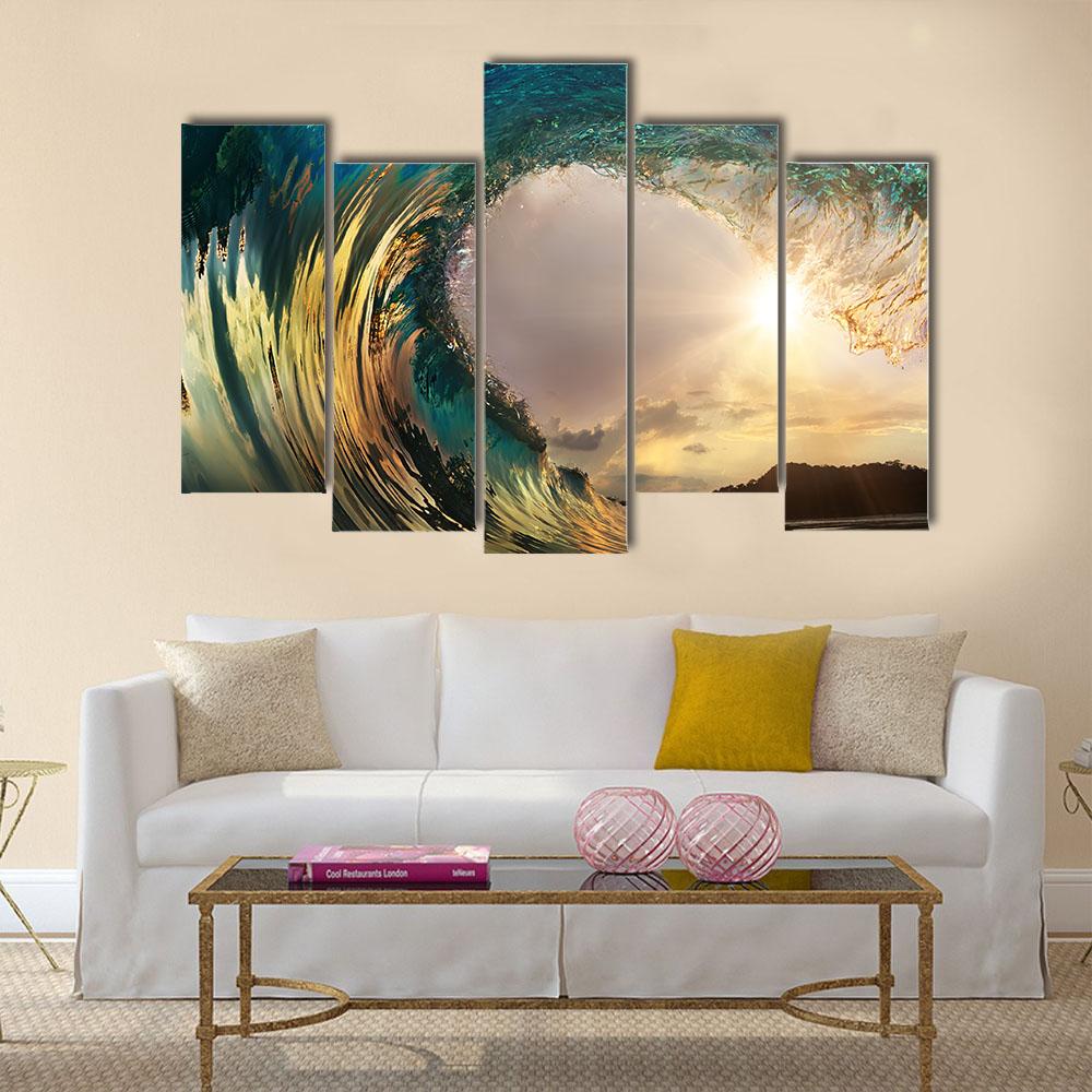 Ocean Wave Breaking At Sunset Canvas Wall Art-5 Pop-Gallery Wrap-32" x 21"-Tiaracle