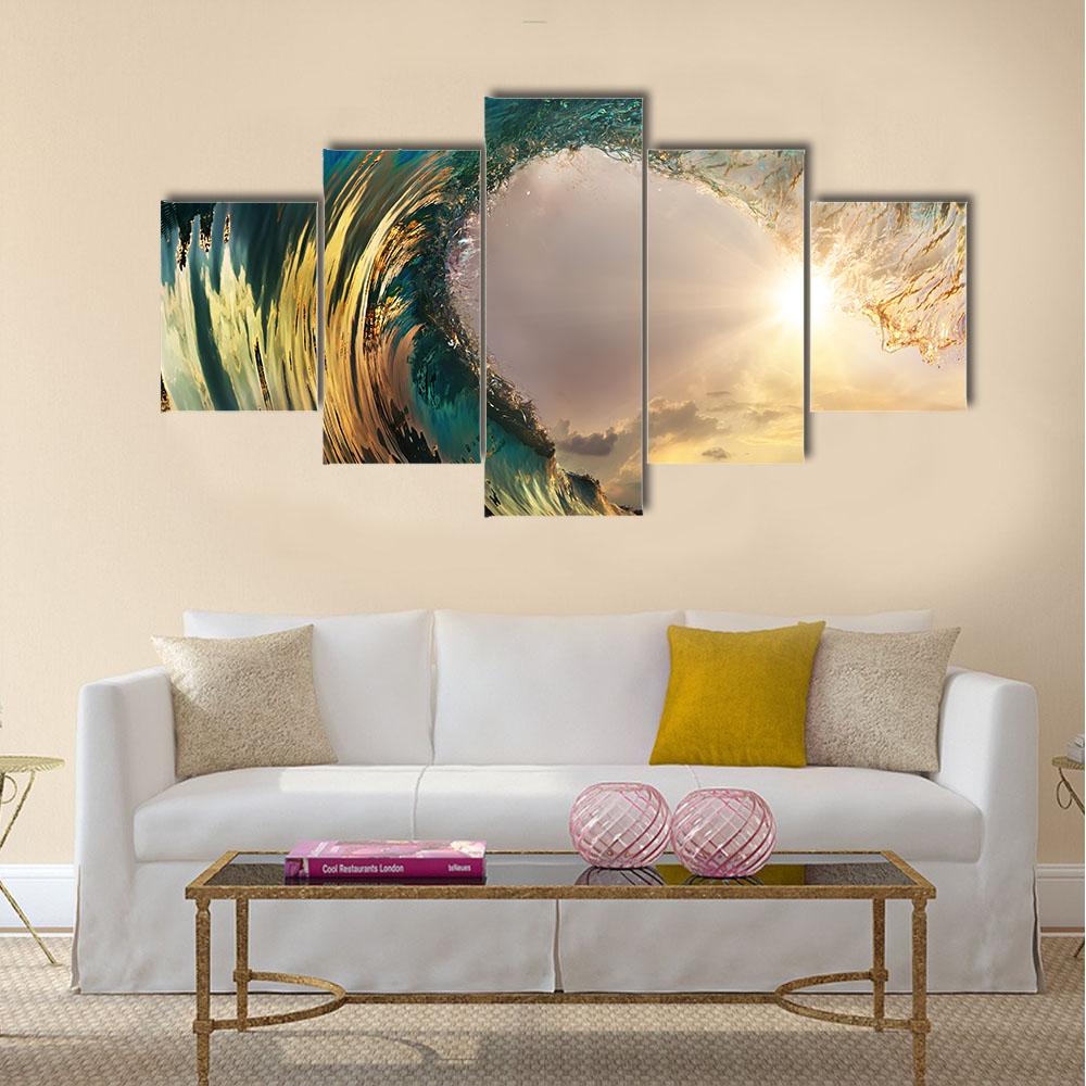 Ocean Wave Breaking At Sunset Canvas Wall Art-5 Star-Gallery Wrap-42" x 21"-Tiaracle