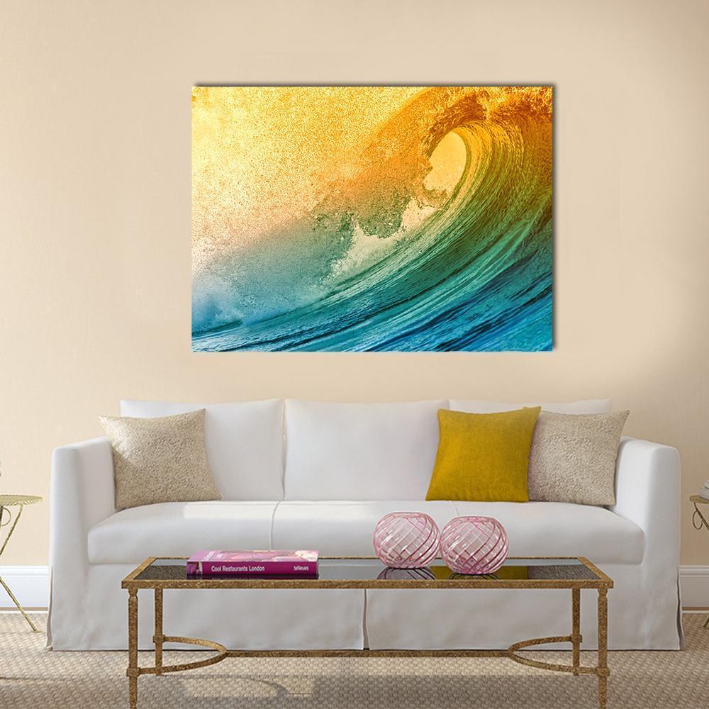 Ocean Wave at Morning Canvas Wall Art in yellow, green and blue, single panel hung on a wall