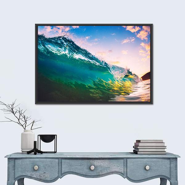 Ocean Wave At Sunset Canvas Wall Art-1 Piece-Floating Frame-24" x 16"-Tiaracle